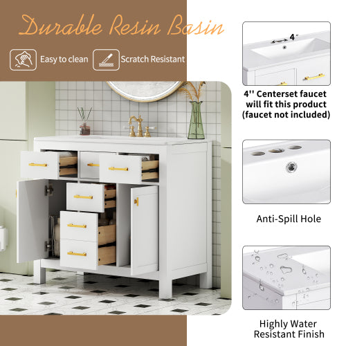 36'' Bathroom Vanity with Ceramic Sink Combo Set,Modern Freestanding Single Bathroom Cabinet with 4 Drawers & 2 Cabinets,Storage Cabinet for Bathroom, Solid Wood Frame Vanity Set, White