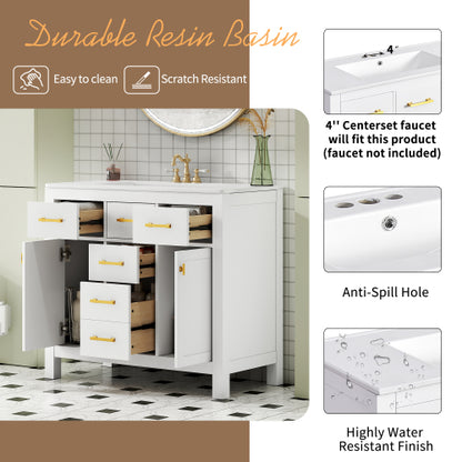 36'' Bathroom Vanity with Ceramic Sink Combo Set,Modern Freestanding Single Bathroom Cabinet with 4 Drawers & 2 Cabinets,Storage Cabinet for Bathroom, Solid Wood Frame Vanity Set, White