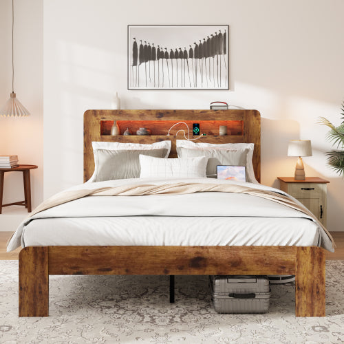 Bed Frame Queen Size, Wood Platform Bed Frame with Storage LED Light Headboard and 2 USB , Noise Free,No Box Spring Needed and Easy Assembly Tool,Large Under Bed Storage,Dark Brown