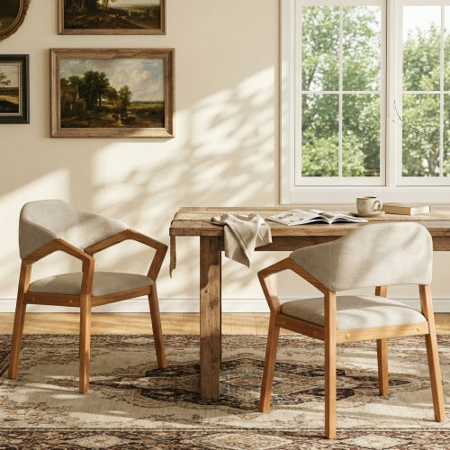 Set of 2 Oatmeal Chenille Dining Armchairs with Bent Wood Frame, Upholstered Dining Chairs