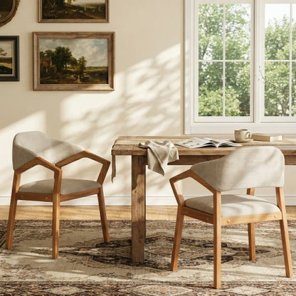 Set of 2 Oatmeal Chenille Dining Armchairs with Bent Wood Frame, Upholstered Dining Chairs