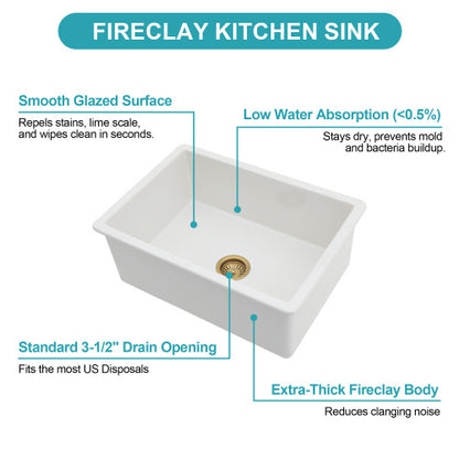 27"x19"x10" Undermount Single Bowl Fireclay Kitchen Sink - Dual Mount White Porcelain Fireclay Rectangular Deep Single Bowl Sink Basin