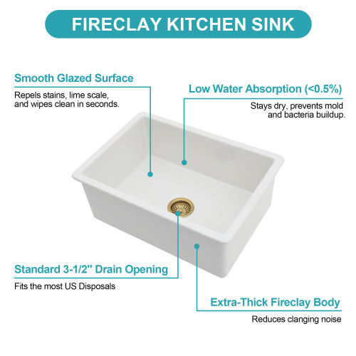 27"x19"x10" Undermount Single Bowl Fireclay Kitchen Sink - Dual Mount White Porcelain Fireclay Rectangular Deep Single Bowl Sink Basin