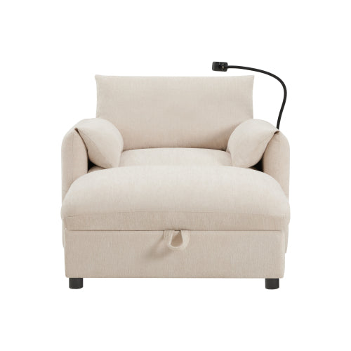 37 inch  Chenille Single Sofa Chair, Storage Ottoman, Dual Charging Ports, Phone Holder