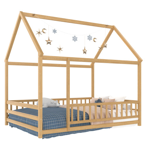 Full Size Floor Wooden Bed with House Roof Frame, Fence Guardrails,Natural