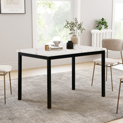 5-Piece Black Metal Dining Set, Off-White Faux Marble Top Table with 4 Gray Faux Leather Chairs