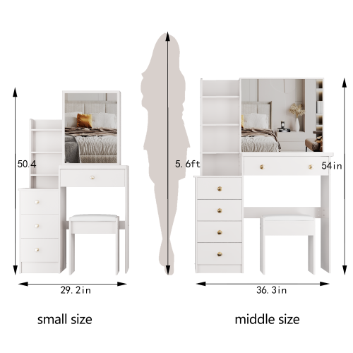 37inch  Middle Size Left Bedside Cabinet Vanity Table + Cushioned Stool, Extra Large Right sliding mirror, Multi Layer High Capacity Storage, Practical Fashionable Dresser, Suitable For Large Space