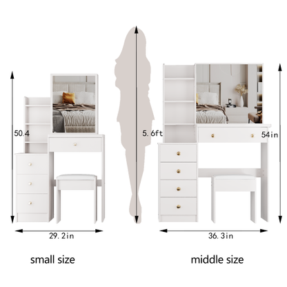37inch  Middle Size Left Bedside Cabinet Vanity Table + Cushioned Stool, Extra Large Right sliding mirror, Multi Layer High Capacity Storage, Practical Fashionable Dresser, Suitable For Large Space