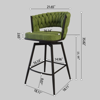 26inch Bar Chair Linen Woven Bar Stool Set of 2,Black legs Barstools No Adjustable Kitchen Island Chairs,360 Swivel Bar Stools Upholstered Bar Chair Counter Stool Arm Chairs with Back Footrest (Green)