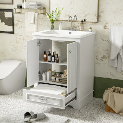 24'' Bathroom Vanity with Ceramic Sink Combo, Modern Freestanding Storage Cabinet with Silver Handles, Soft Closing Doors