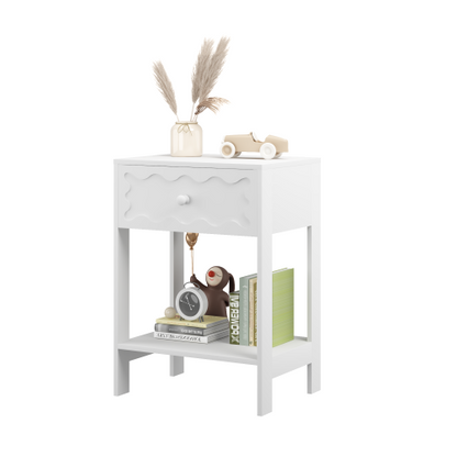 White Nightstand with Drawer and Open Shelf, Modern Wave Pattern Bedside Table, Solid Wood Frame End Table for Bedroom, Living Room, Small Spaces