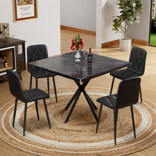 5-Piece Black Square Dining Set, Faux Marble Top & 4 Armless Chairs