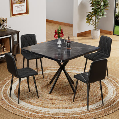 5-Piece Black Square Dining Set, Faux Marble Top & 4 Armless Chairs