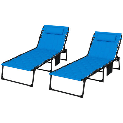 Outsunny Folding Chaise Lounge Set with 5-level Reclining Back, Outdoor Lounge Tanning Chair with Padded Seat, Side Pocket & Headrest for Beach, Yard, Patio, Blue