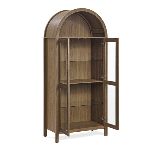 Brown High Arched LED Light Wooden Storage Cabinet Adjustable Glass Partition Modern Retro Home Multi-Functional Display Cabinet