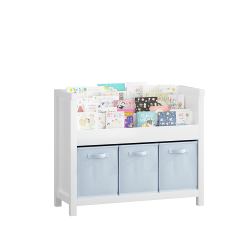 Kids Bookshelf with 3-Tier Front Storage and Fabric Toy Bins