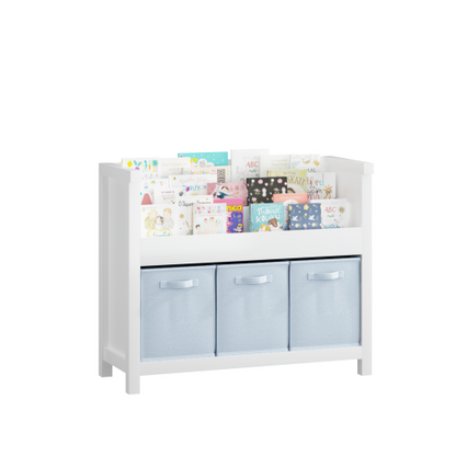 Kids Bookshelf with 3-Tier Front Storage and Fabric Toy Bins