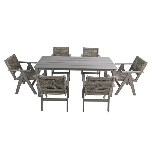 A wooden-textured imitation wood dining table, simple yet with a high quality feel. It has a small tabletop and is perfect for outdoor picnics. Charcoal gray, 68.9 inches.