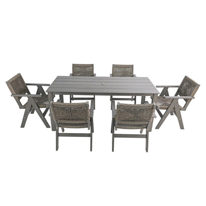 A wooden-textured imitation wood dining table, simple yet with a high quality feel. It has a small tabletop and is perfect for outdoor picnics. Charcoal gray, 68.9 inches.