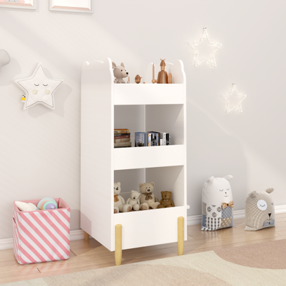 White Bear Shape Kids Bookshelf with Side Chalkboard, 3-Tier Open Storage Toddler Toy Book Organizer