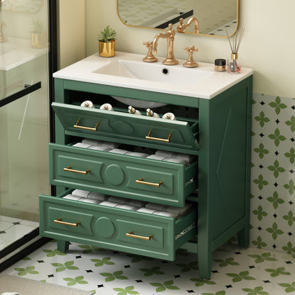 30'' Bathroom Vanity with Ceramic Sink Combo, Free Standing Single Vanity Set with 3 Drawers, Solid Wood Frame Bathroom Storage Cabinet, Green