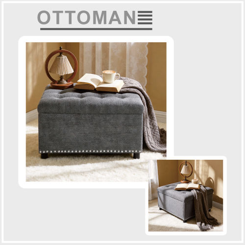 Storage Ottoman, Tufted Footstool, Nailhead Trim Ottoman, Square Storage Ottoman, Upholstered Coffee Table, Bedroom Storage, Living Room Accent, Light Gray Ottoman, Small Space Furniture, Home Decor.