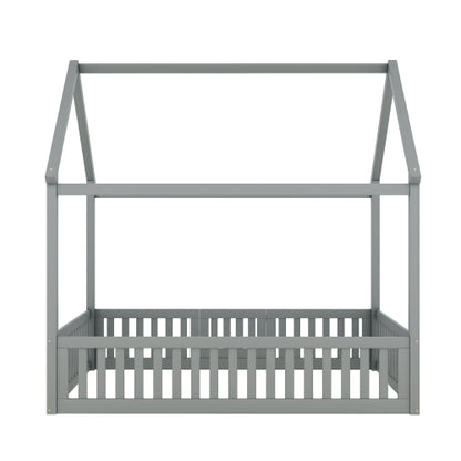 Full Size Wood House Bed with Fence and Door, Gray
