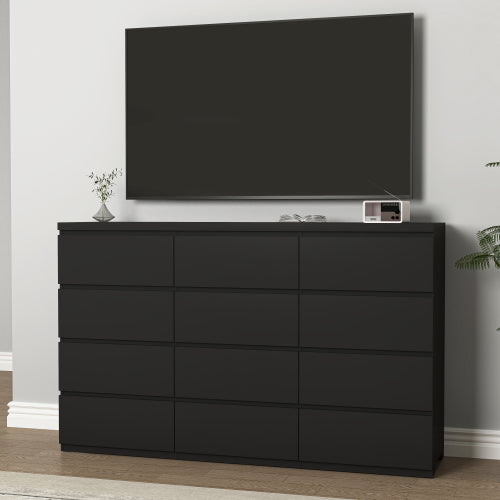 12 Drawers Double Dresser, Modern Wood Dresser Chest of Drawers with Large Storage Space for Bedroom, Black