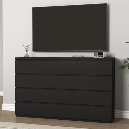 12 Drawers Double Dresser, Modern Wood Dresser Chest of Drawers with Large Storage Space for Bedroom, Black