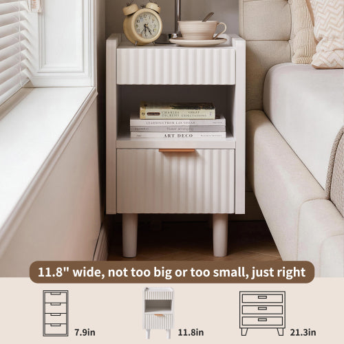 2 Pack White Fluted Nightstand, Integrated Base Bedside Table with Drawer & Open Cubby