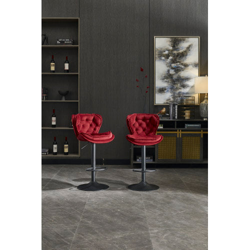 Set of 2 Bar Stools with powder Footrest and Base Swivel Height Adjustable Mechanical Lifting Velvet + powder Leg Simple Bar Stool-RED