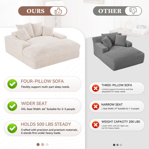 Beige Oversized Corduroy Chaise Lounge SofaBed,4 Washable Pillows