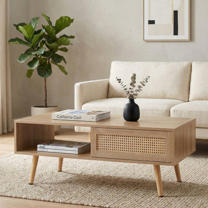 41.34inch  Rattan Rectangular Coffee Table with Sliding Door, Natural