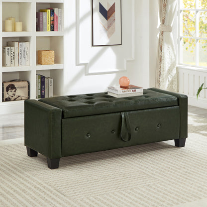 48'' Storage Ottoman Bench Tufted Faux Leather Upholstered Bench Dark Green
