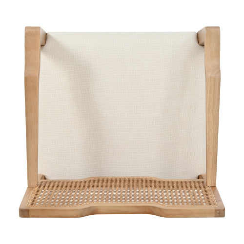 Set of 2 Natural Rubber Wood Farmhouse Rattan Back Counter Bar Stools, Beige Fabric 27.9inch  Seat Height Armless Stools
