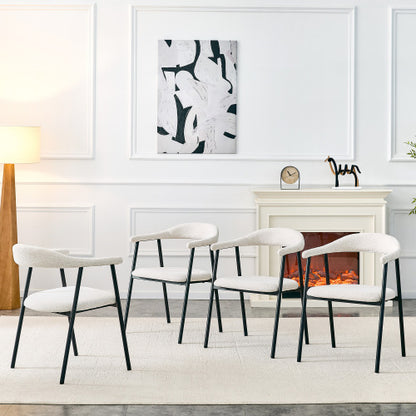 Fabric Upholstered Dining Chairs with Black Metal Legs, Set of 4, White