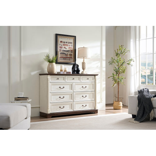 9 Drawer Dresser Chest for Bedroom with Wooden Base and Riser Trim, Wooden Rustic Rustic Chest of Drawers, Storage Dresser for Bedroom, Living Room