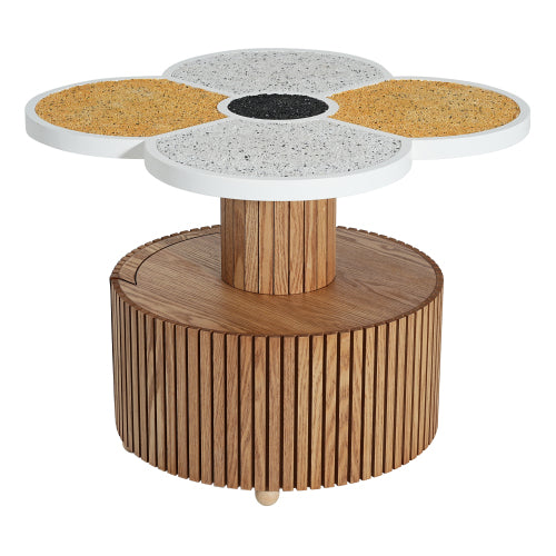 Four-Leaf Clover Side Table with Drawer, Stone Texture Top Wood-Grain Base Accent Table