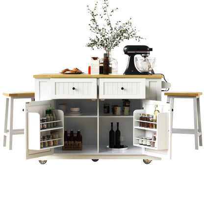 48inch Kitchen Island with 2 Bar Stools, Power Outlet, Door Internal Storage Rack, Kitchen Storage Cart on 5 Wheels with Drop Leaf, 5 Side Racks, 2 Drawers,White