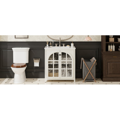 31" Farmhouse Bathroom Vanity with Ceramic Sink, Faux Aged Finish, Vintage Rustic Bathroom Cabinet with Bronze Pulls and 2 Soft-Closing Doors, Antique White