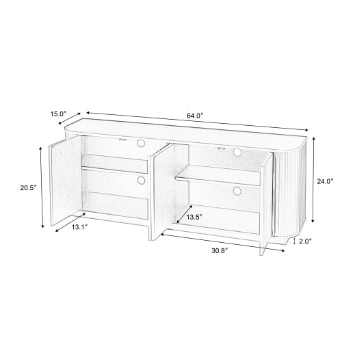 Walnut Wave Pattern Sideboard TV Stand 64 Inch Wide Storage Cabinet with Push to Open Doors