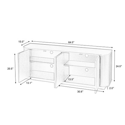 Walnut Wave Pattern Sideboard TV Stand 64 Inch Wide Storage Cabinet with Push to Open Doors