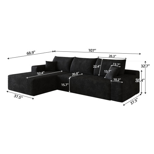 107 inch  Black L-Shape Chaise Cloud Modular Sectional Sofa, No Assembly