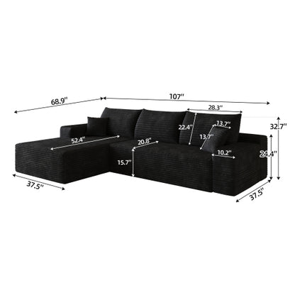107 inch  Black L-Shape Chaise Cloud Modular Sectional Sofa, No Assembly