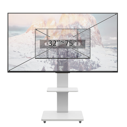 White Mobile TV Cart with Lockable Wheels, Height Adjustable Floor TV Stand for 32-75 Inch TV