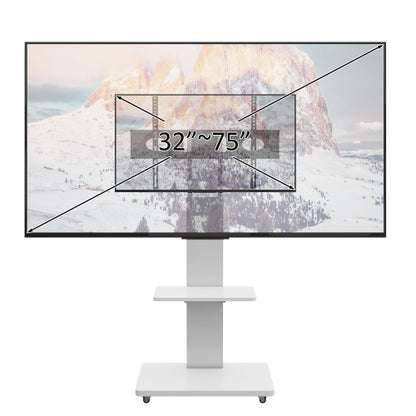 White Mobile TV Cart with Lockable Wheels, Height Adjustable Floor TV Stand for 32-75 Inch TV