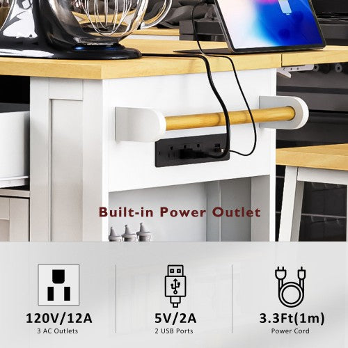 48inch Kitchen Island with 2 Bar Stools, Power Outlet, Door Internal Storage Rack, Kitchen Storage Cart on 5 Wheels with Drop Leaf, 5 Side Racks, 2 Drawers,White