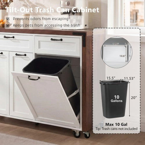 102 Inch Kitchen Island with Extendable Dining Table & Trash Storage White
