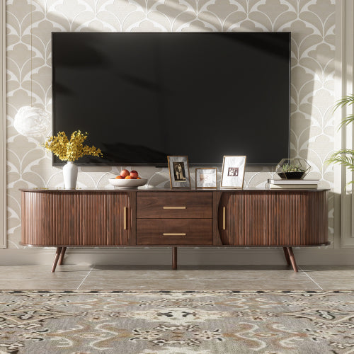 70.8 Inch Dark Brown Mid-Century Sliding Door TV Stand Solid Wood Leg Media Console Fits 80 Inch TV