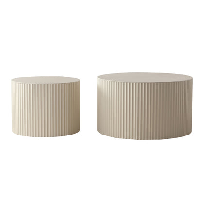 2-Piece Beige Nesting Drum Coffee Table with Wave Stripes